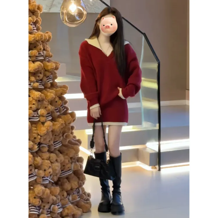 2026超火穿搭独特漂亮冬装一整套本命年新年红色毛衣裙子两件套装