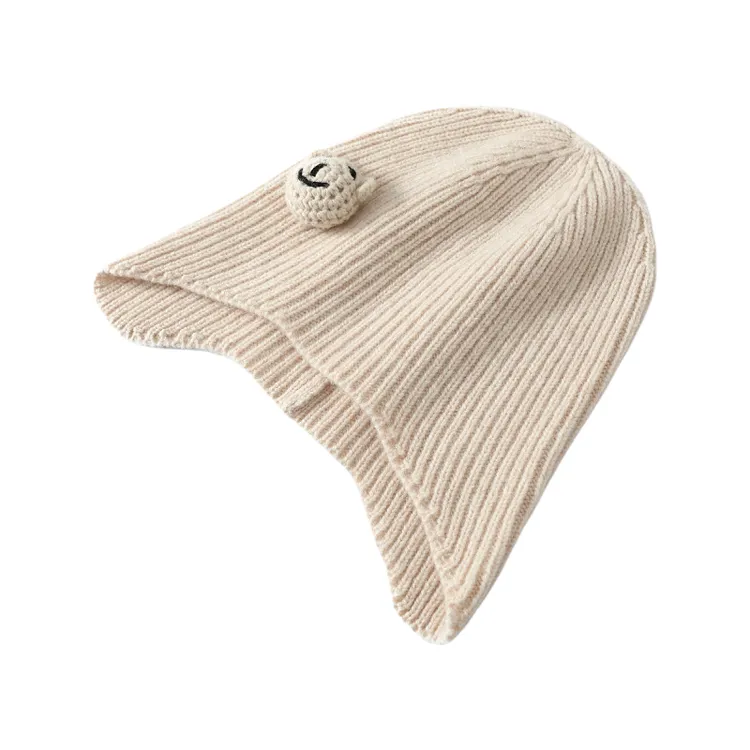 可爱小熊装饰羊毛儿童保暖护耳帽帽子包头针织冬天秋冬季宝宝婴儿