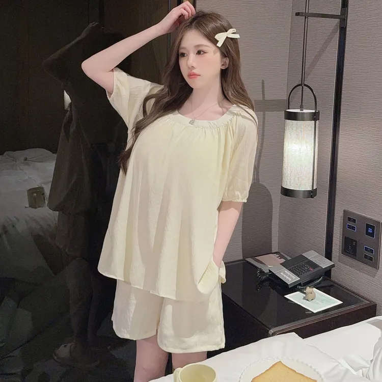 PIC夏季睡衣女带胸垫遮肉显瘦可外穿简约薄款软绵有口袋纯色套装