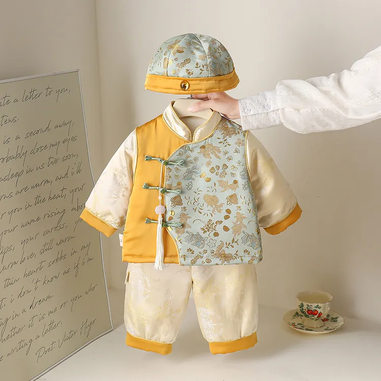 婴儿衣服套装冬装男宝宝夹棉中国风唐装婴幼儿百天周岁礼服三件套