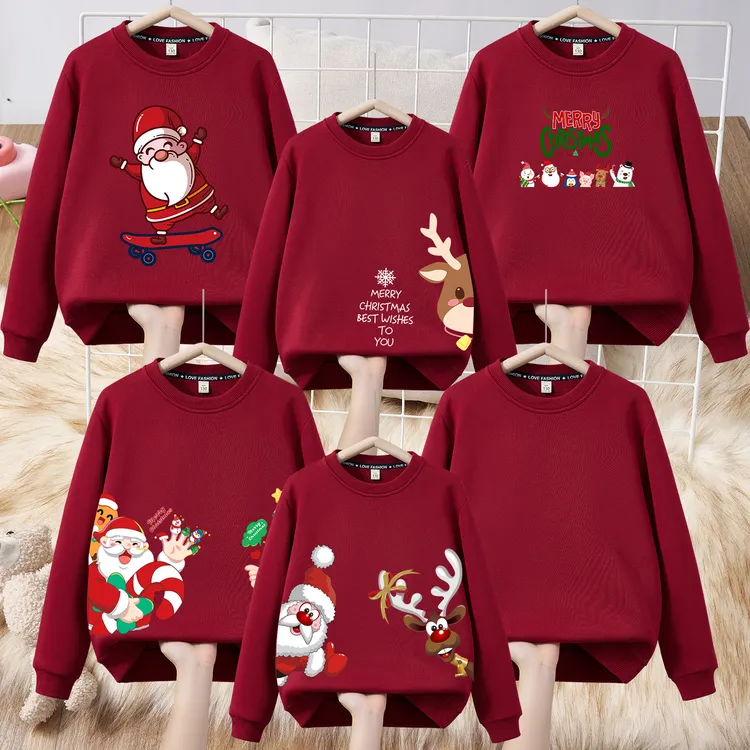 圣诞节亲子装一家三口四口全家装加绒麋鹿卫衣2026新款跨年酒红色