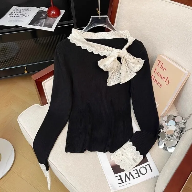 公主袖法式罗纹设计感isn秋冬修身显瘦气质蕾丝花边打底衫甜美别