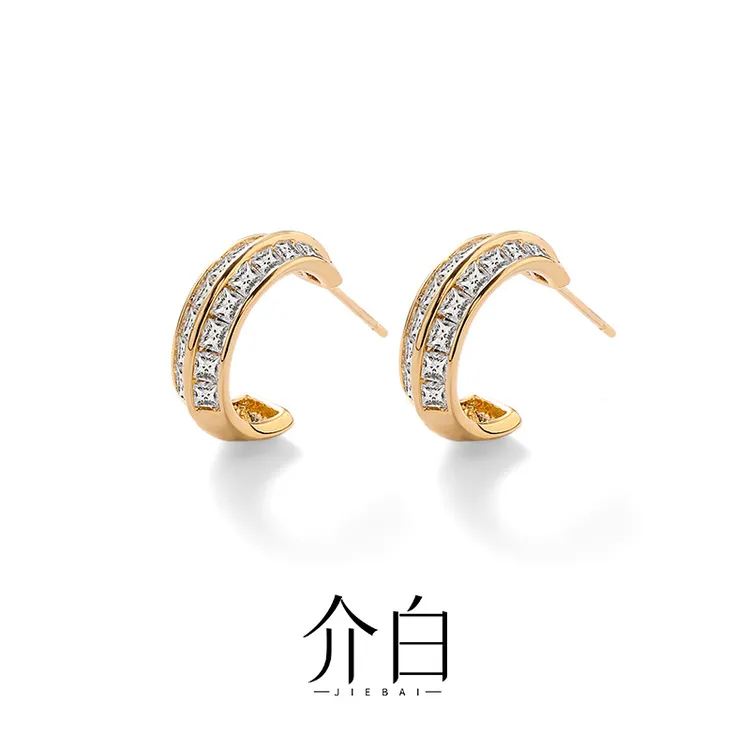 铜合金合成锆石耳饰 介白 时尚OL几何形密镶耳钉半圈