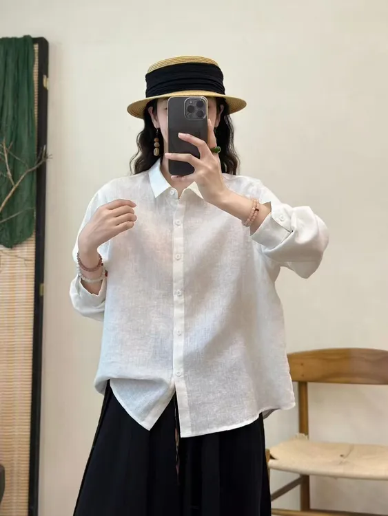 160老钱风亚麻长袖法式高端衬衫