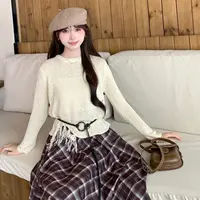 慕兔法式针织衬衫上衣配格子半身裙2025秋季新款百搭显瘦两件套装