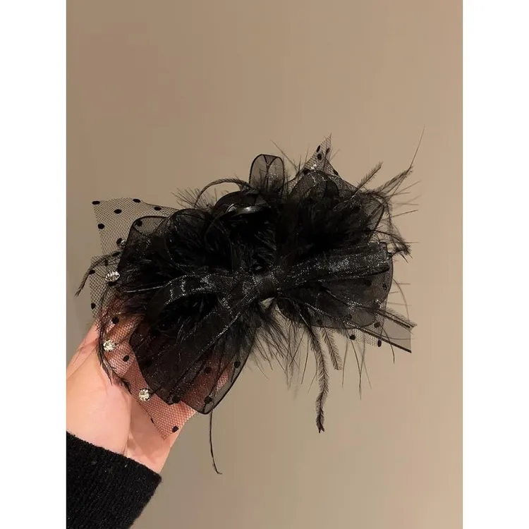 双面羽毛蝴蝶结抓夹公主头发夹女后脑勺黑色蕾丝大号鲨鱼夹感
