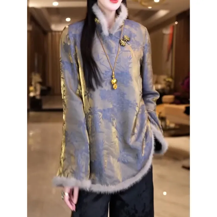 中式国风斜襟提花夹棉衬衫2025冬季新款洋气时尚宽松加厚保暖上衣