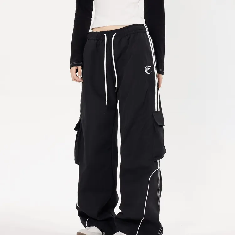 街舞黑色抽绳阔腿宽松休闲工装口袋运动裤女春季潮牌嘻哈拖地裤子