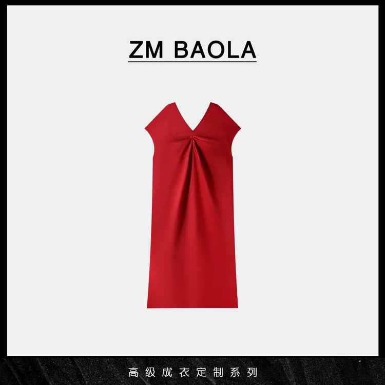 ZM BAOLA【红意】褶位V领亚麻连衣裙X0054-M2