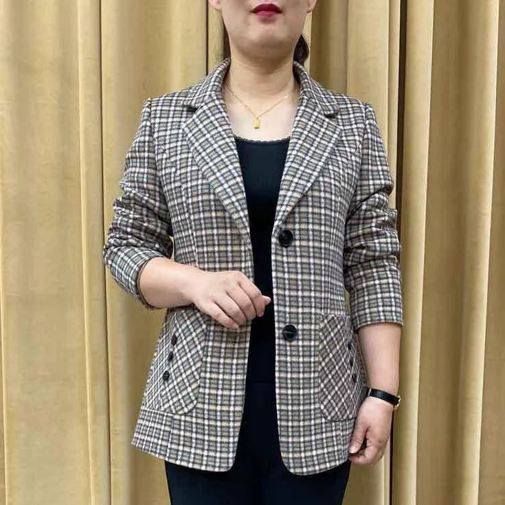 春秋季时尚格子毛呢西装外套大码休闲妈妈装外穿