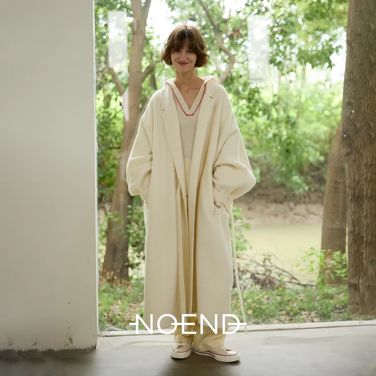 NOEND100%羊毛西装领浴袍慵懒宽松双面系带长款大衣