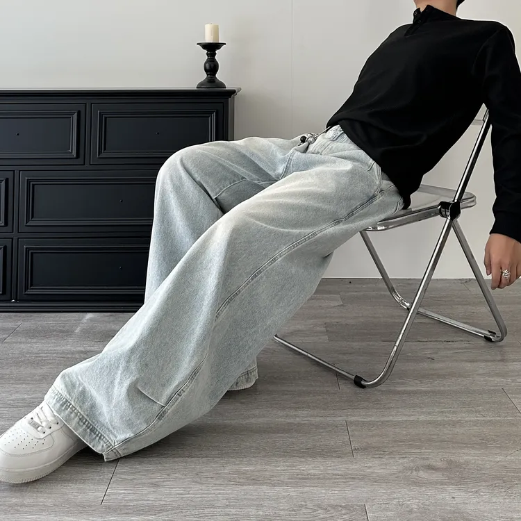 韩系小众阔腿牛仔裤设计感弯刀裤百搭折痕休闲裤子弯刀牛仔裤男女