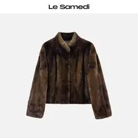 Le Samedi马油叶儿【马德里旧梦】saga白金短二水貂抽绳摆立领外套