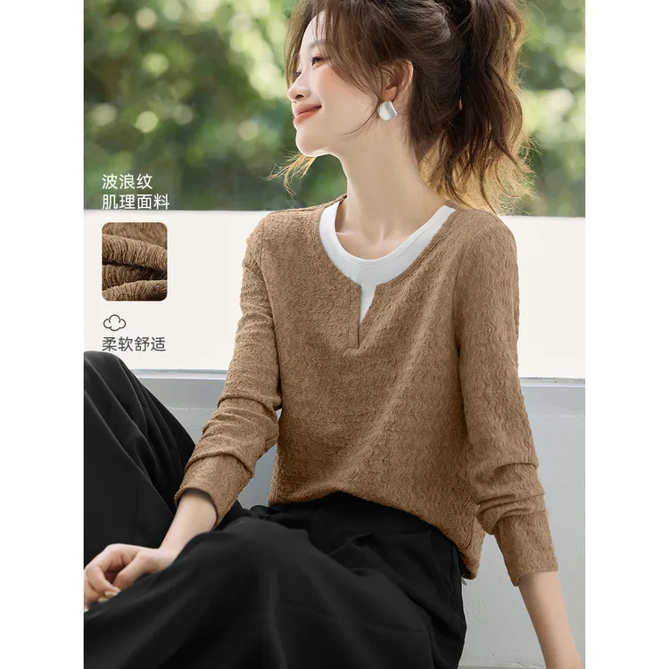 高级质感拼接长袖t恤女2025秋季新款休闲圆领撞色波浪肌理上衣T恤