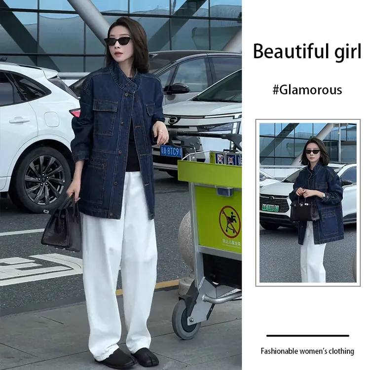 休闲风时尚套装女初秋新款设计感薄款牛仔外套休闲裤长裤两件套