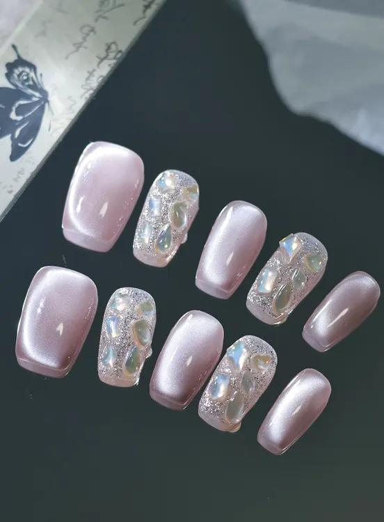 【粉色白桃】青提镶钻短梯猫眼穿戴甲显白气质美甲甲片贴美甲片