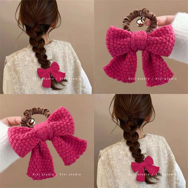 可爱心愿单！玫红色蝴蝶结发圈！高颜值发绳秋冬植绒头绳女盘发器