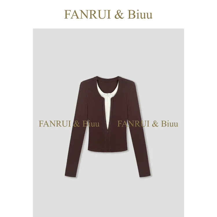 FANRUI/泛芮「云开见暖」撞色ins通勤假两件柔软针织拉链上衣B17525