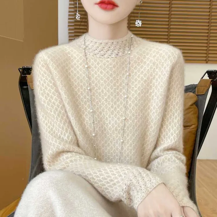 半高领加厚毛针织衫女重工勾花镂空毛衣宽松百搭针织打底