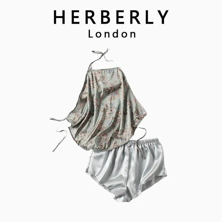 英国 HERBERLY 性感中国风印花冰丝吊带肚兜套装成人款护肚子睡衣