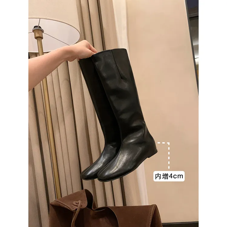 牛皮版~方头内增高直筒骑士靴不过膝高筒长靴西部牛仔靴2025秋冬