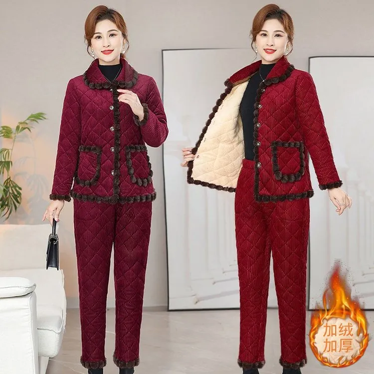 中年女士冬季加绒加厚棉衣套装防寒保暖老钱风松弛女厚新中式外套