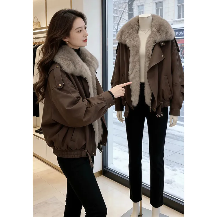 【板栗可可】贵妇风高级感毛茸茸棉衣女2026冬季新款保暖棉服