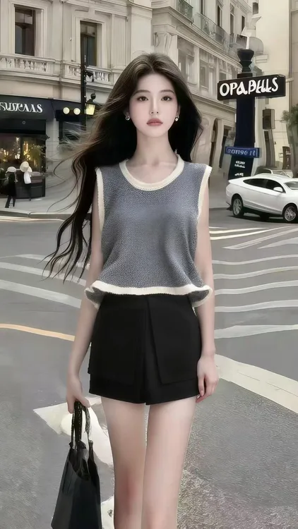 慵懒氛围感百搭休闲穿搭灰色圆领无袖毛衣针织衫+黑色百搭短裤女