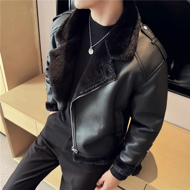 皮夹克一体绒短款外套男士冬季加绒加厚机车复古翻领宽松黑色皮衣
