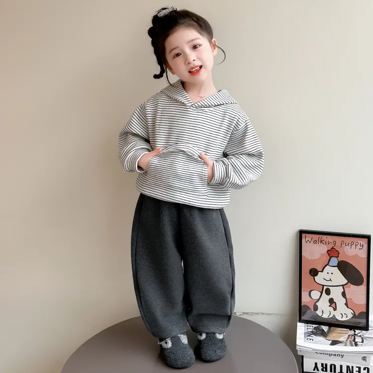 女童加绒加厚连帽条纹卫衣套装秋冬2025新款儿童保暖休闲两件套潮