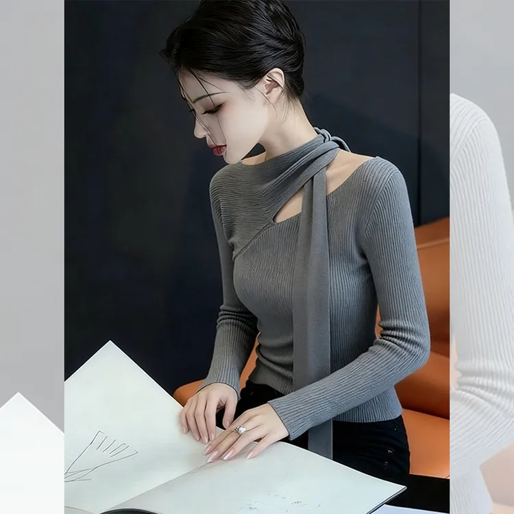 独特漂亮内搭挂脖小衫灰色打底针织衫洋气高贵百搭上衣女装秋冬季