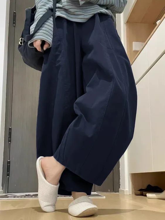 藏青色阔腿弯刀裤女秋装小个子宽松镰刀裤大码胖mm显瘦气球九分裤