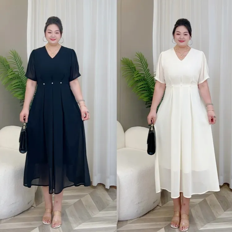 【上新梅姐】夏季简约v领捏褶时尚气质大码连衣裙MJ9375