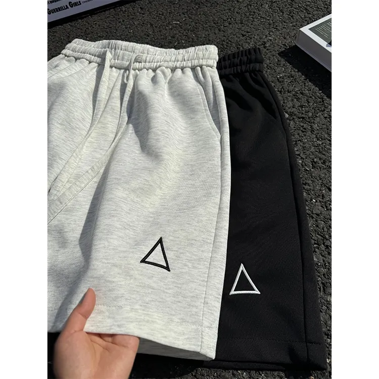 白花灰运动短裤男款夏季美式重磅休闲裤子三角标健身直筒四五分裤