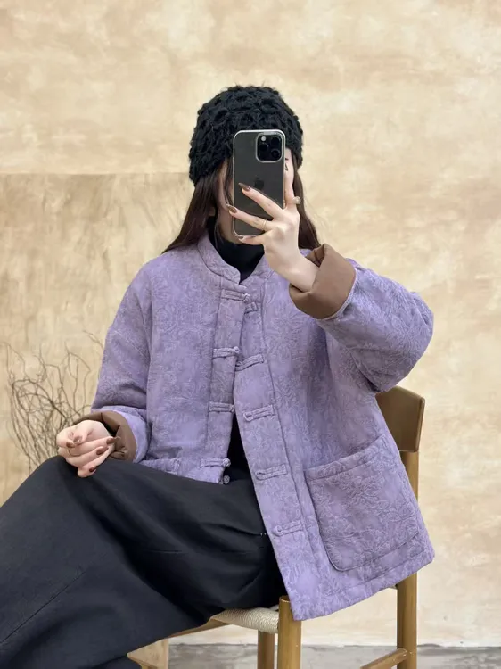 纯色国风提花刺绣新中式盘扣棉服（小码90-150斤）