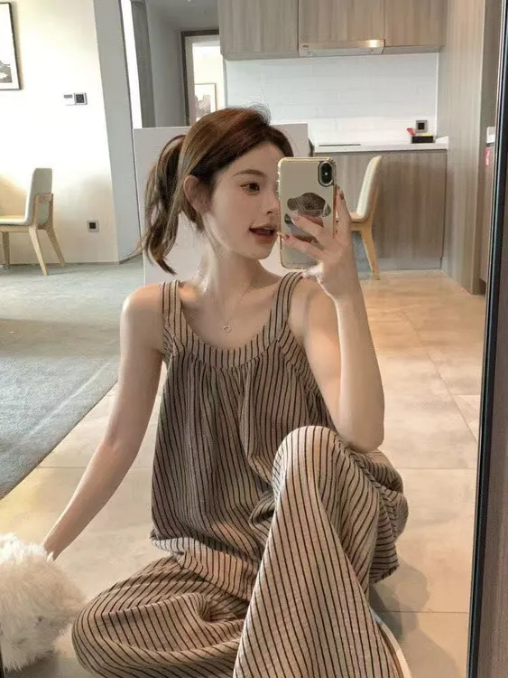 【松弛秘籍】带胸垫甜美条纹小清新夏季新款睡衣女家居服套装可外穿