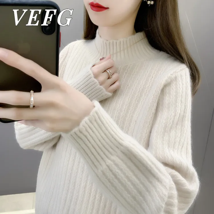 VEFG2025秋冬新款半高领毛衣女套头宽松外穿加厚保暖针织衫打底毛