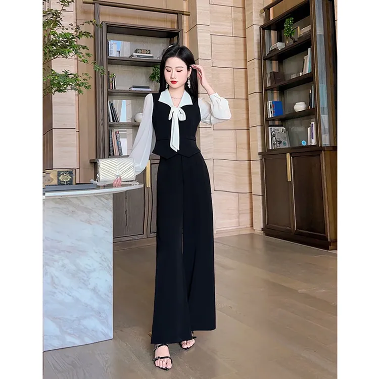 格润雅气质女神范两件套2025秋季新款时尚拼接上衣高腰阔腿裤套装