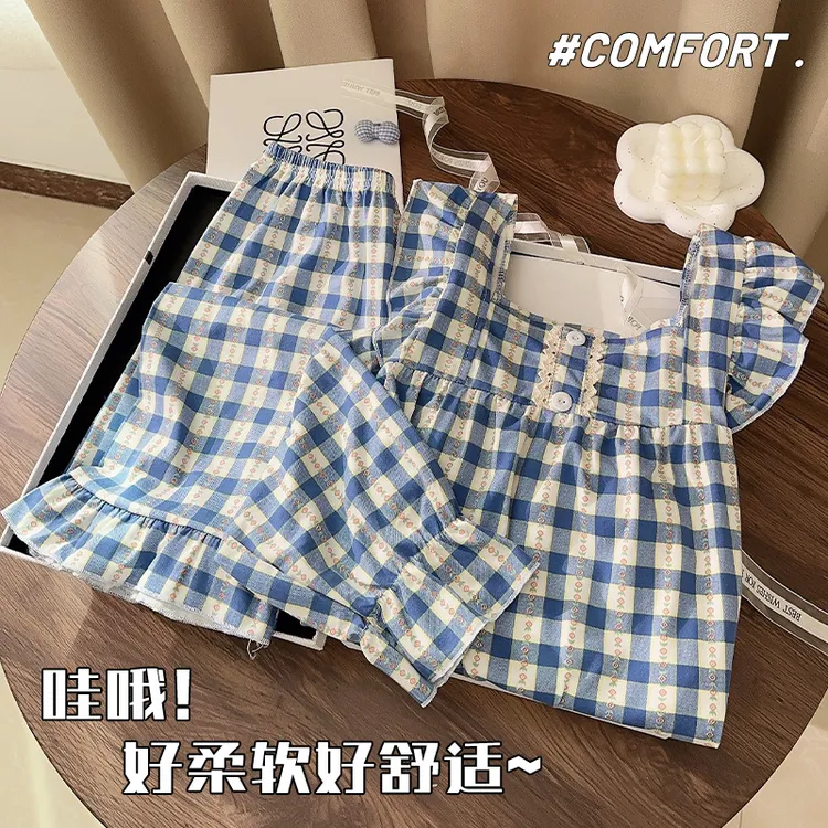 2025春秋新款甜美格纹木耳边家居服套装翻领长袖可爱睡衣女外穿冬