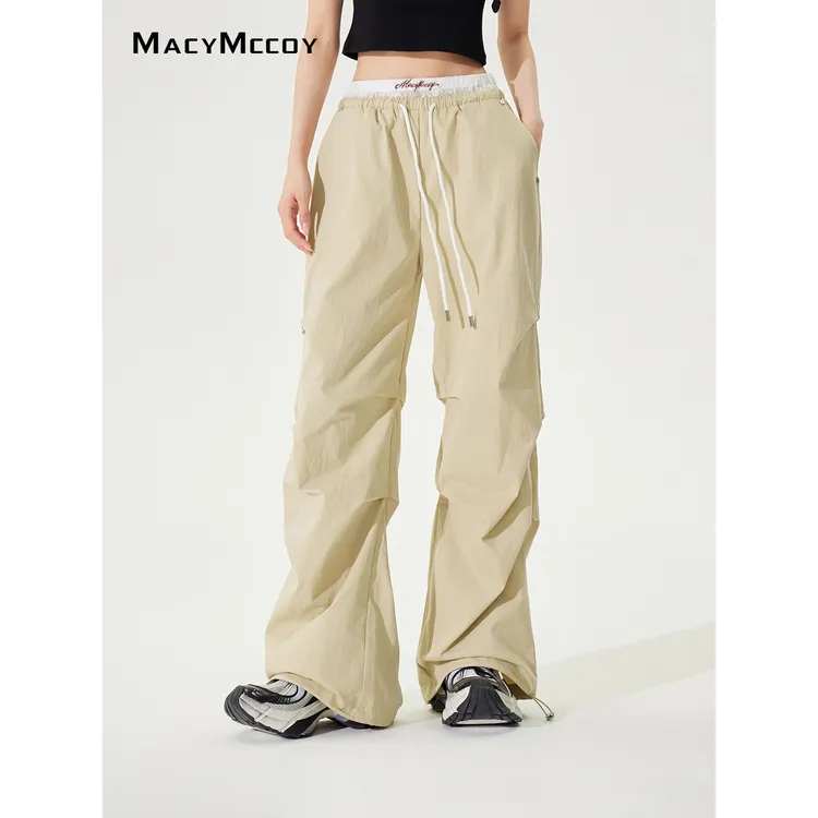 MacyMccoy蕾丝拼接褶皱阔腿裤女夏季经典设计感百搭显瘦速干长裤