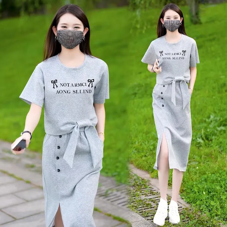 时尚休闲运动服套装女2025夏季新款洋气时髦短袖开叉半身裙两件套