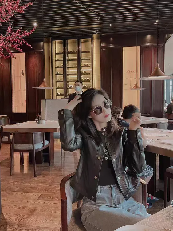 全植鞣做旧做邹头层绵羊皮海宁真皮皮衣女春秋新款机车外套女2565