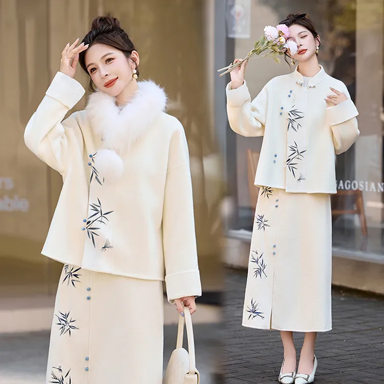 新中式双面呢两件套女装2025冬季新款绣花毛呢外套穿搭洋气半身裙