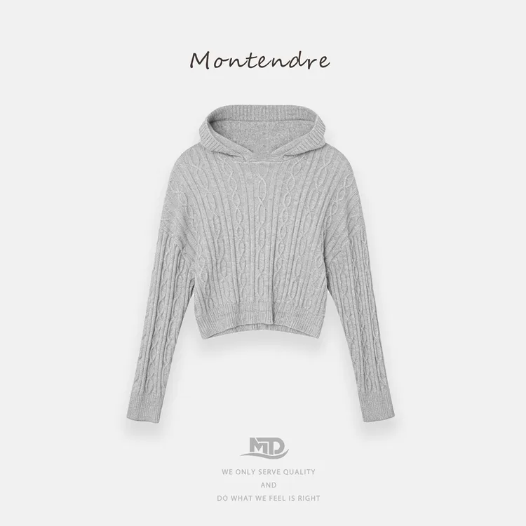 【Montendre】秋冬新款 L 流光风绞花保暖舒适连帽卫衣针织衫女