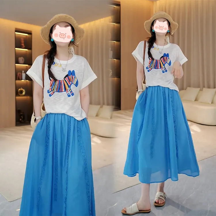 夏天穿搭一整套女法式爆款轻奢气质绣花上衣高腰a字半身裙两件套