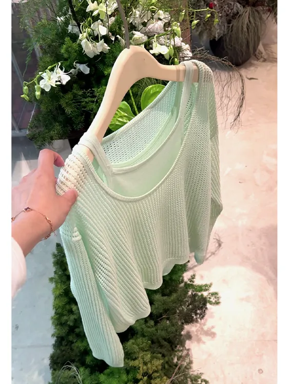 小香风套装女2025新款爆款时尚洋气多巴胺夏日绿色吊带罩衫两件套