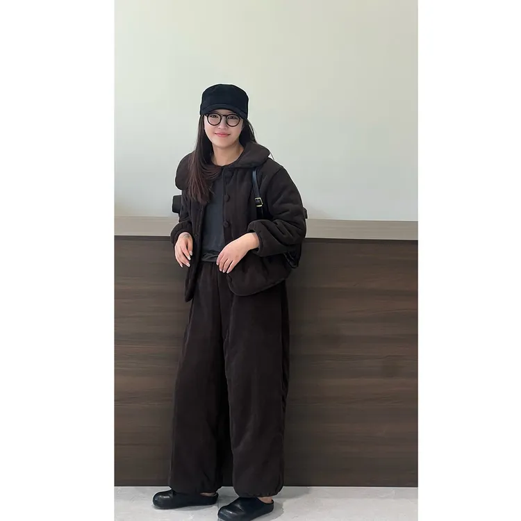 韩版简约夹棉睡衣女秋冬季新款复古加绒加厚保暖家居服套装可外穿