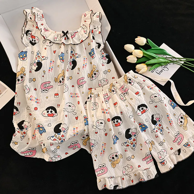蜡笔小新儿童睡衣夏季薄款女童2025新款欧若风背心两件套装家居服