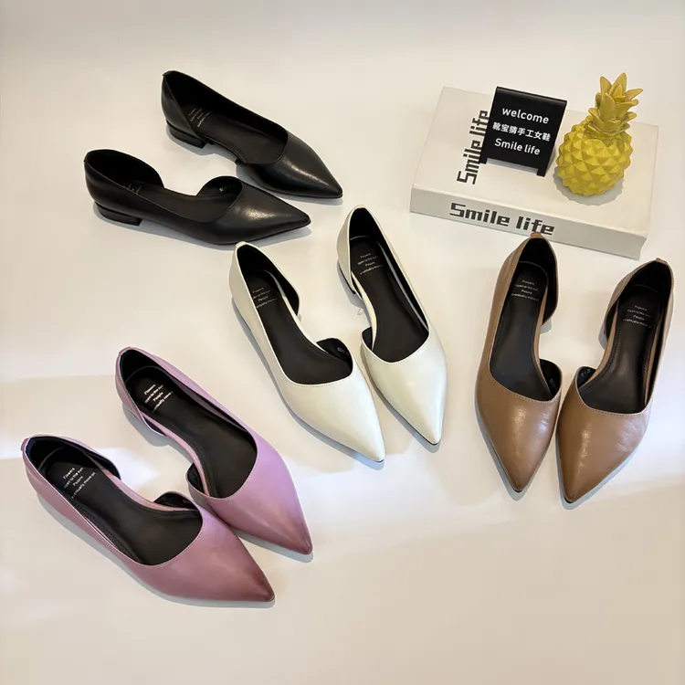 2cm/34-39码 透气侧空尖头平底鞋女时尚真皮单鞋