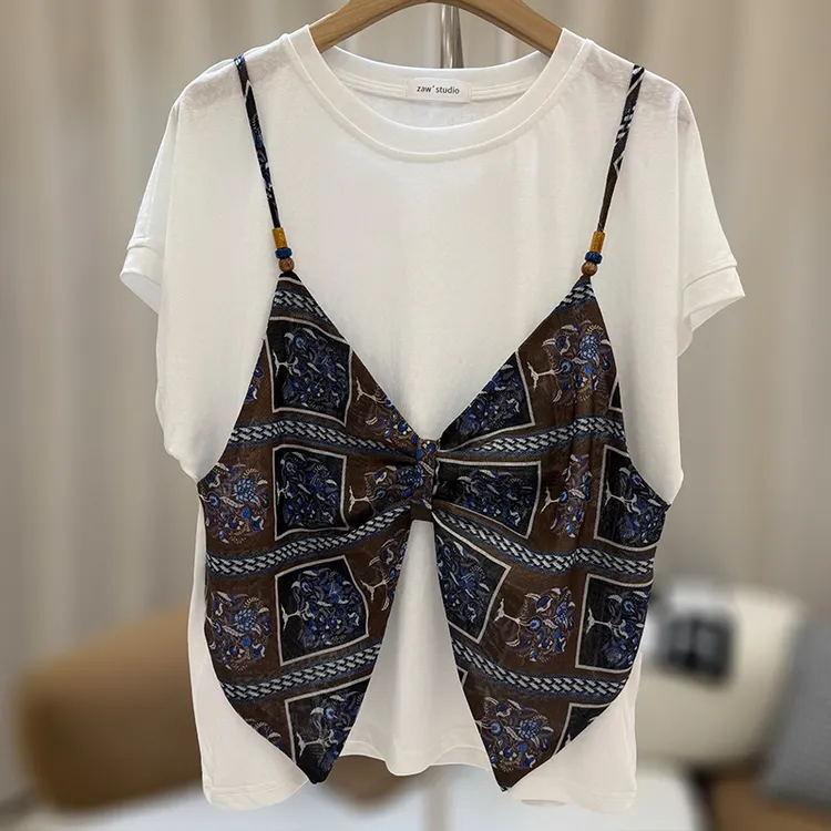 大码加宽加大女装设计感假两件短袖T恤胖mm遮肚子藏肉上衣/25261